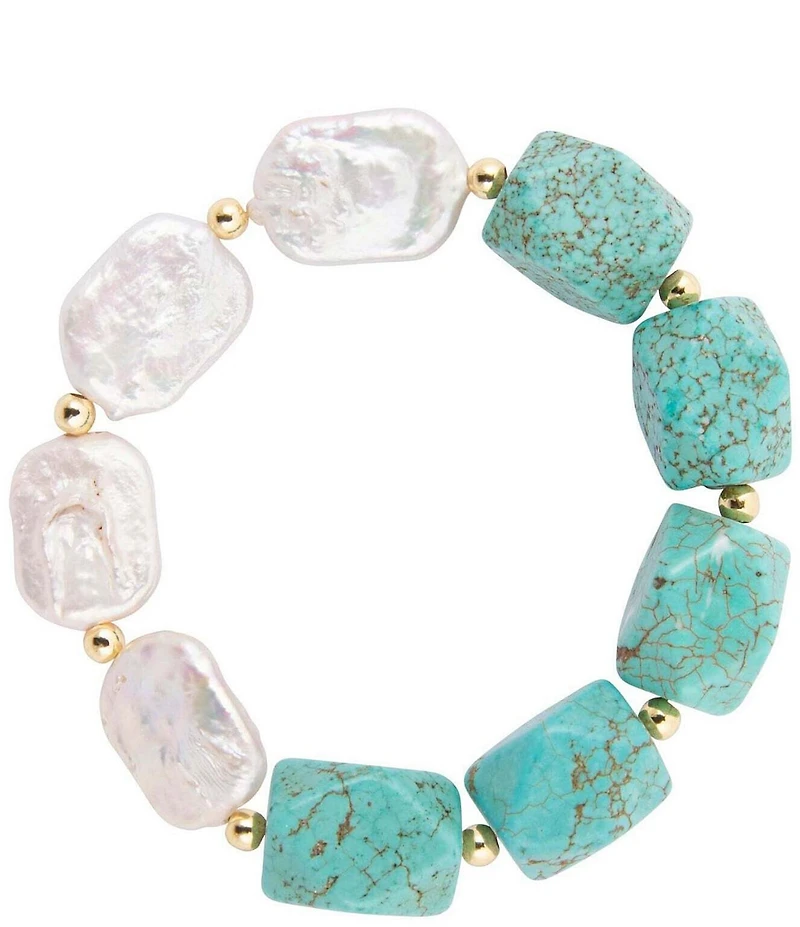 Barse Turquoise Magnesite and Freshwater Pearl Hepburn Stretch Bracelet