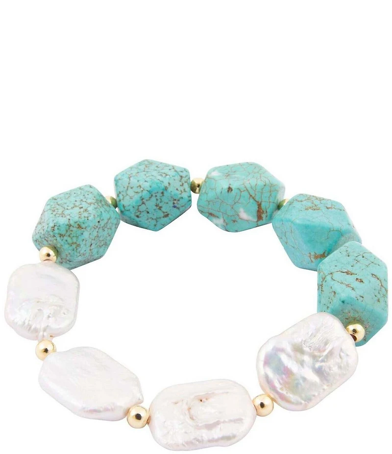 Barse Turquoise Magnesite and Freshwater Pearl Hepburn Stretch Bracelet