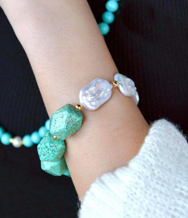 Barse Turquoise Magnesite and Freshwater Pearl Hepburn Stretch Bracelet