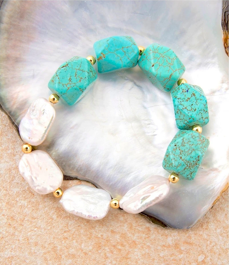 Barse Turquoise Magnesite and Freshwater Pearl Hepburn Stretch Bracelet