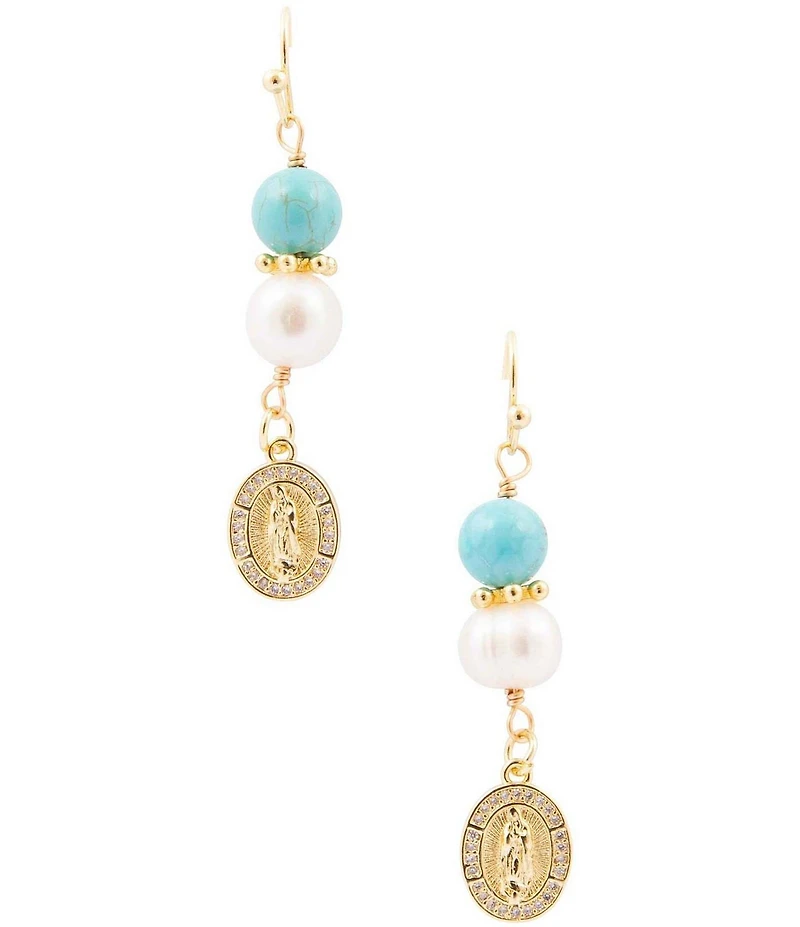 Barse Turquoise Magnesite and Pearl Our Lady of Guadalupe Coin Linear Earrings