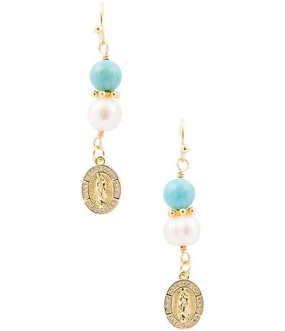 Barse Turquoise Magnesite and Pearl Our Lady of Guadalupe Coin Linear Earrings