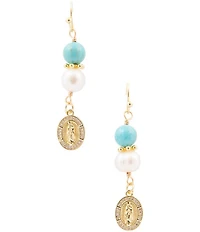 Barse Turquoise Magnesite and Pearl Our Lady of Guadalupe Coin Linear Earrings