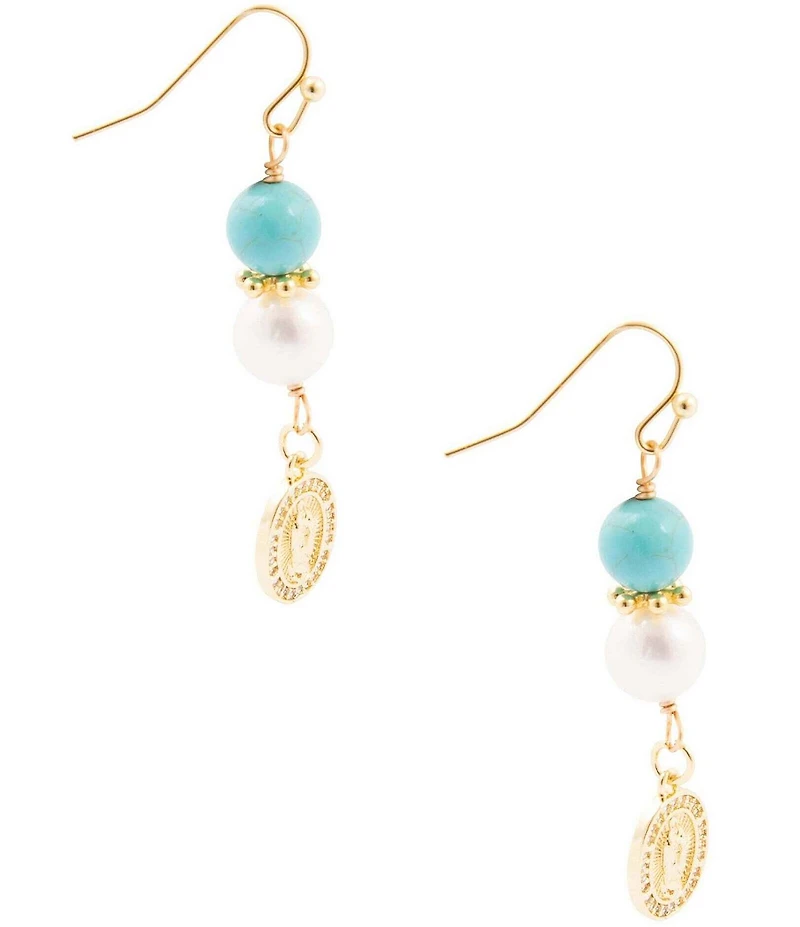 Barse Turquoise Magnesite and Pearl Our Lady of Guadalupe Coin Linear Earrings