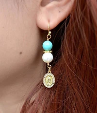 Barse Turquoise Magnesite and Pearl Our Lady of Guadalupe Coin Linear Earrings