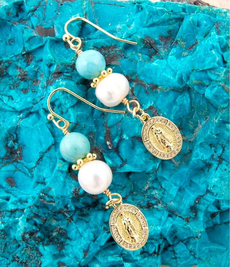 Barse Turquoise Magnesite and Pearl Our Lady of Guadalupe Coin Linear Earrings