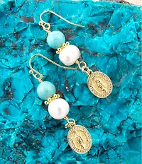 Barse Turquoise Magnesite and Pearl Our Lady of Guadalupe Coin Linear Earrings