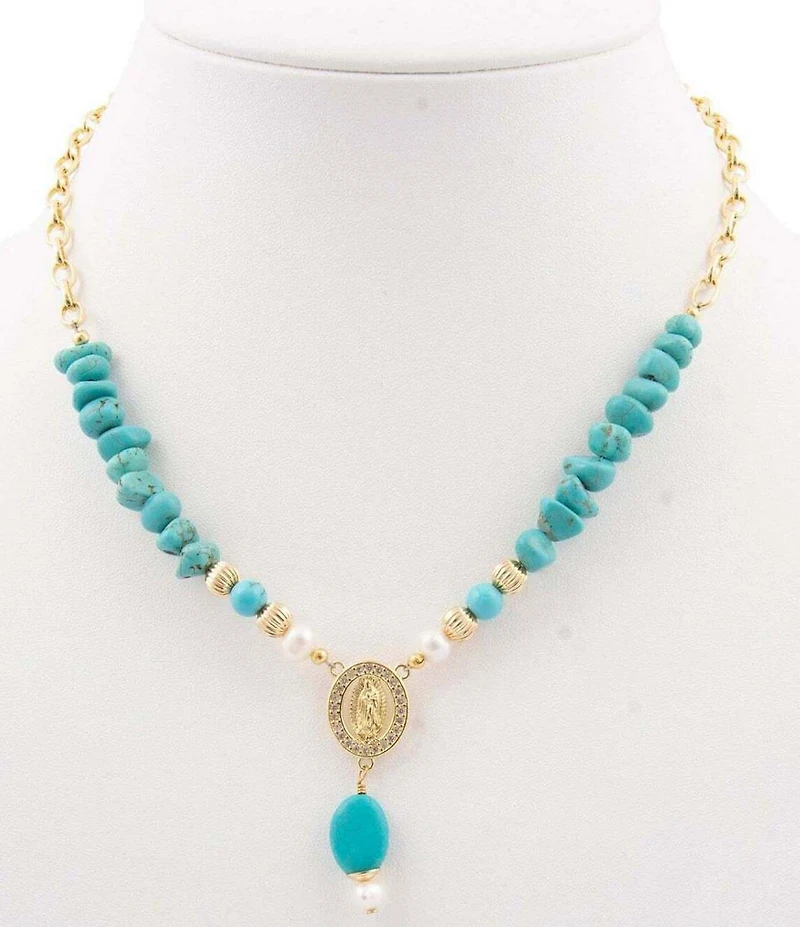 Barse Turquoise Magnesite and Pearl Our Lady of Guadalupe Coin Y Necklace
