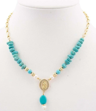Barse Turquoise Magnesite and Pearl Our Lady of Guadalupe Coin Y Necklace