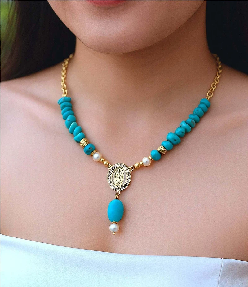 Barse Turquoise Magnesite and Pearl Our Lady of Guadalupe Coin Y Necklace