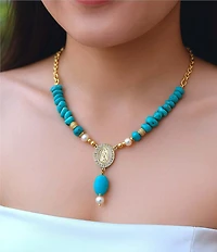 Barse Turquoise Magnesite and Pearl Our Lady of Guadalupe Coin Y Necklace