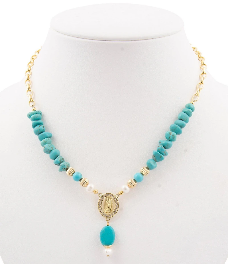 Barse Turquoise Magnesite and Pearl Our Lady of Guadalupe Coin Y Necklace
