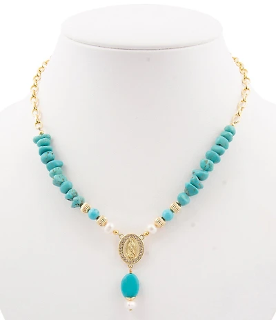 Barse Turquoise Magnesite and Pearl Our Lady of Guadalupe Coin Y Necklace