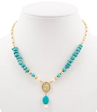 Barse Turquoise Magnesite and Pearl Our Lady of Guadalupe Coin Y Necklace