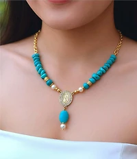 Barse Turquoise Magnesite and Pearl Our Lady of Guadalupe Coin Y Necklace