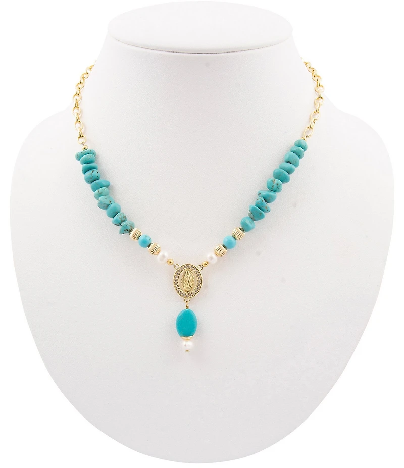 Barse St. Guadalupe Blue Magnesite Golden Pendant Necklace