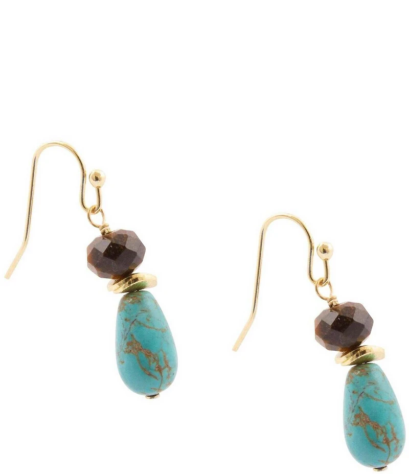 Barse Brown Smoky Tiger's Eye and Turquoise Double Drop Earrings