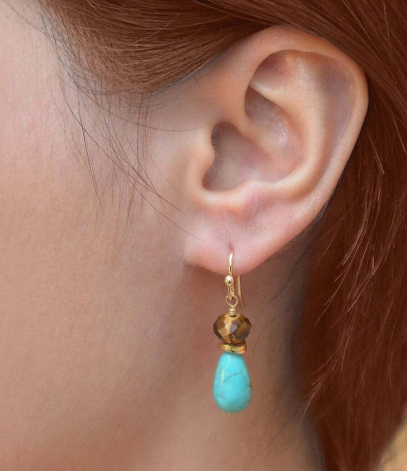 Barse Brown Smoky Tiger's Eye and Turquoise Double Drop Earrings
