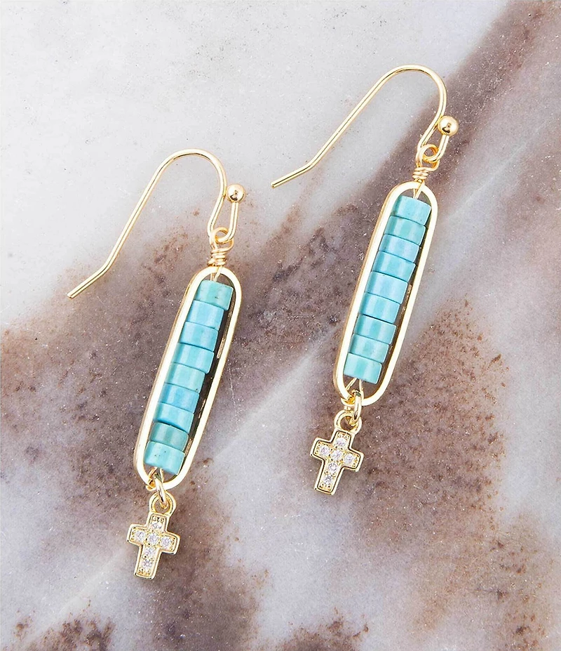 Barse Stone And Cross Turquoise Magnesite Genuine Linear Earrings