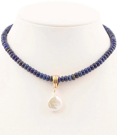 Barses Friendly Denim Lapis and Pearl Short Pendant Necklace