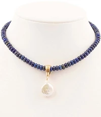 Barses Friendly Denim Lapis and Pearl Short Pendant Necklace