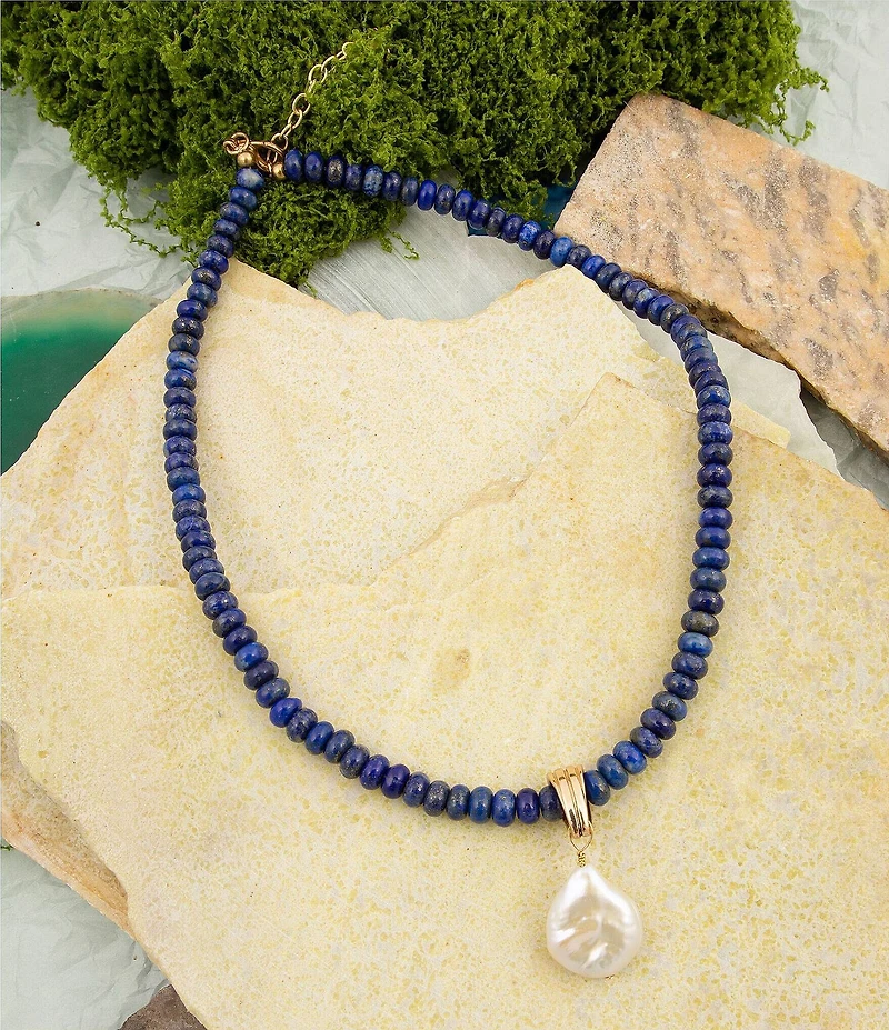 Barses Friendly Denim Lapis and Pearl Short Pendant Necklace