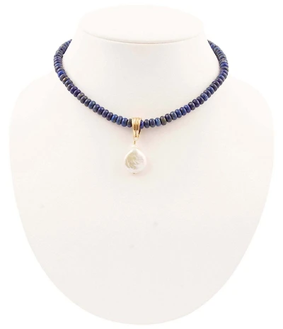 Barses Denim Blue Lapis Beaded Mother-of-Pearl Pendant Necklace