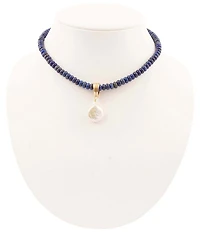 Barses Denim Blue Lapis Beaded Mother-of-Pearl Pendant Necklace