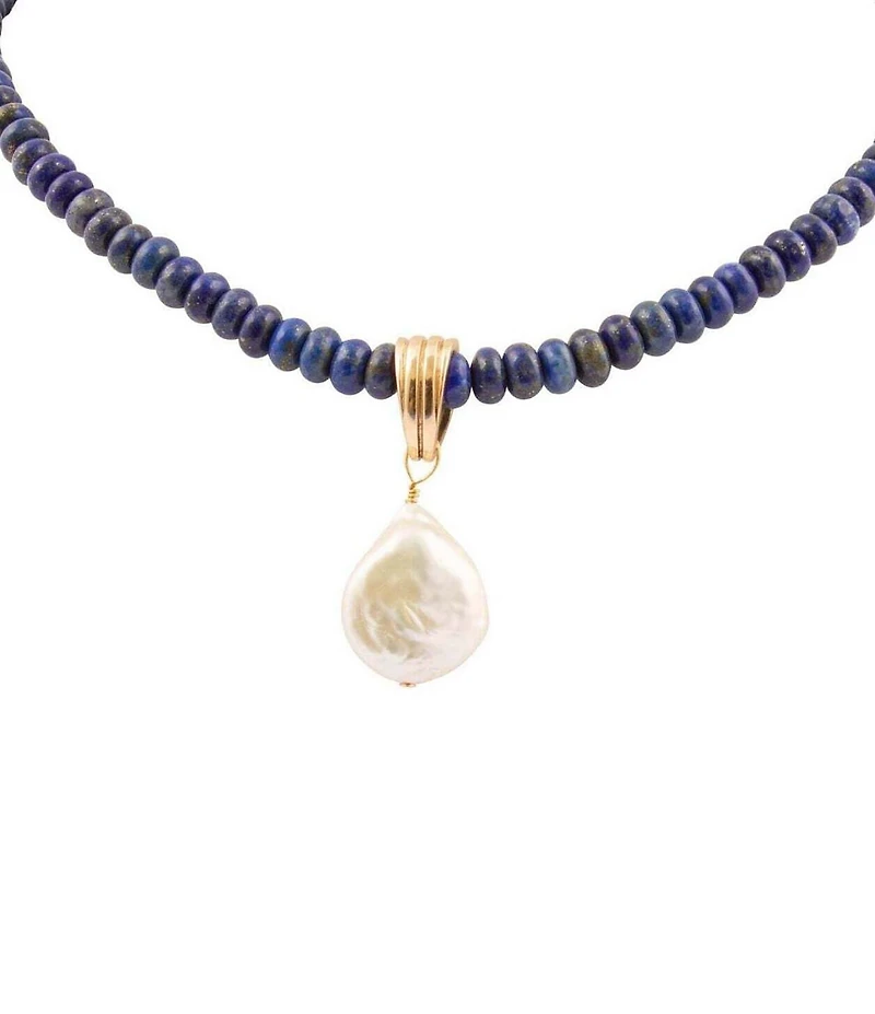 Barses Denim Blue Lapis Beaded Mother-of-Pearl Pendant Necklace