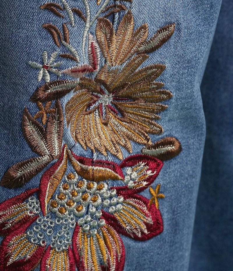 Bayeas Denim Floral Embroidered High Rise Wide Leg Ankle Jeans