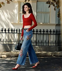Bayeas Denim Floral Embroidered High Rise Wide Leg Ankle Jeans