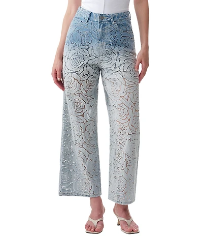Bayeas Denim Mesh Flocked Rose Cutout High Rise Wide Leg Ankle Jeans
