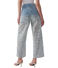 Bayeas Denim Mesh Flocked Rose Cutout High Rise Wide Leg Ankle Jeans