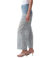 Bayeas Denim Mesh Flocked Rose Cutout High Rise Wide Leg Ankle Jeans