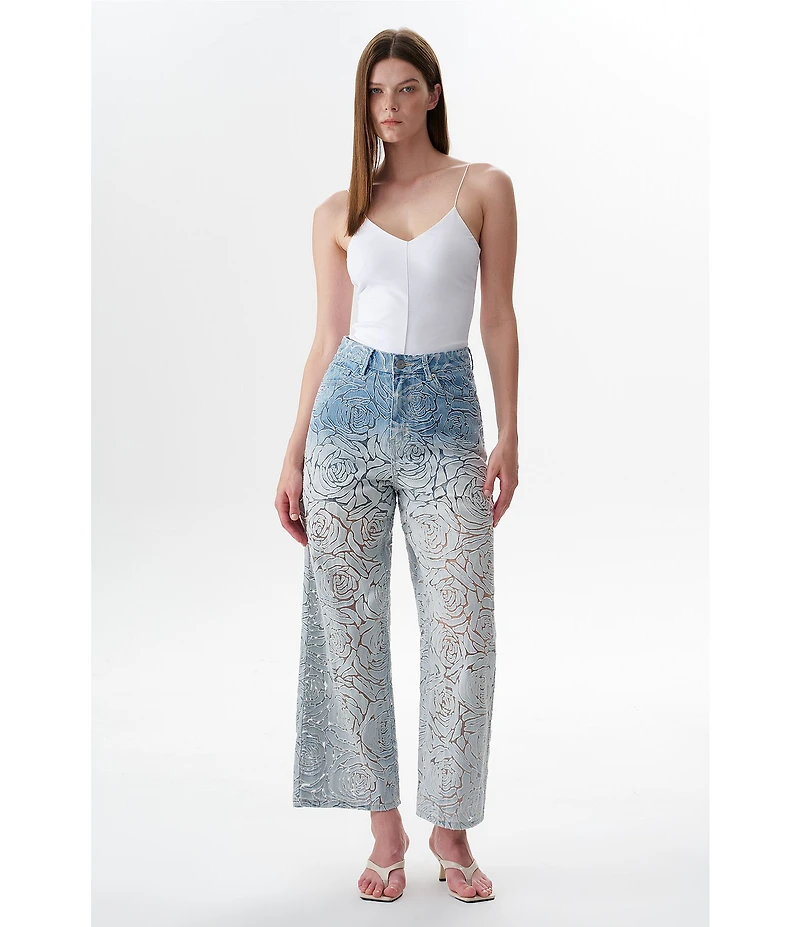 Bayeas Denim Mesh Flocked Rose Cutout High Rise Wide Leg Ankle Jeans
