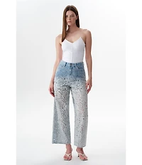 Bayeas Denim Mesh Flocked Rose Cutout High Rise Wide Leg Ankle Jeans