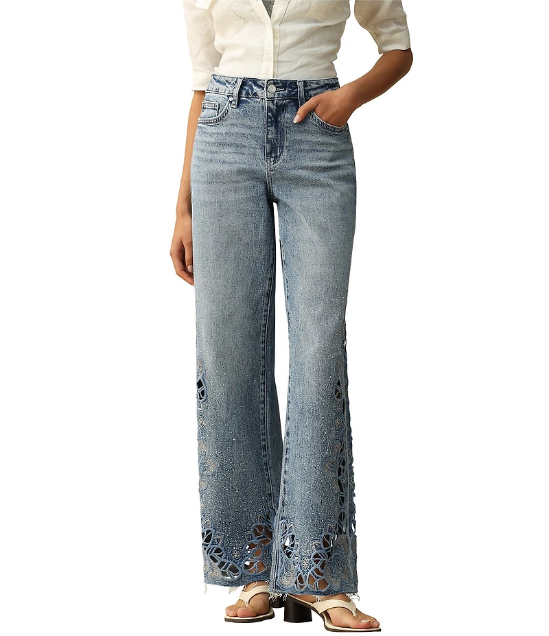 Bayeas Denim Mid Rise Floral Laser Cut Mesh Rhinestone Wide Leg Jean