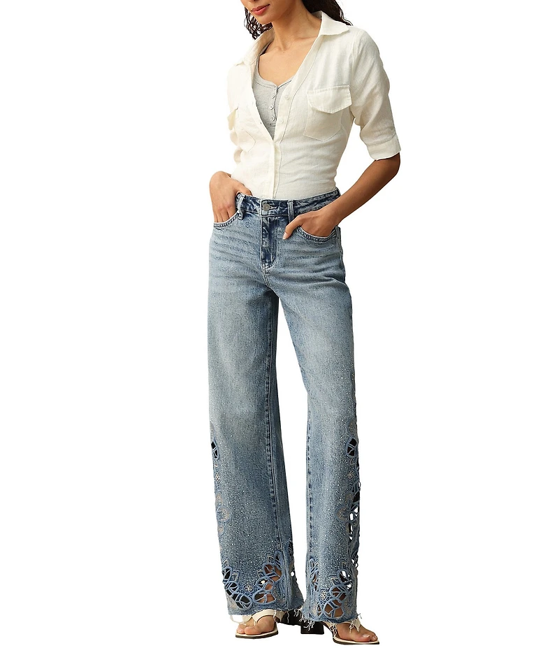 Bayeas Denim Mid Rise Floral Laser Cut Mesh Rhinestone Wide Leg Jean