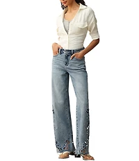 Bayeas Denim Mid Rise Floral Laser Cut Mesh Rhinestone Wide Leg Jean