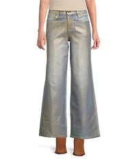 Bayeas Gold Coated Stretch Denim Mid Rise Wide Leg Ankle Length Jeans