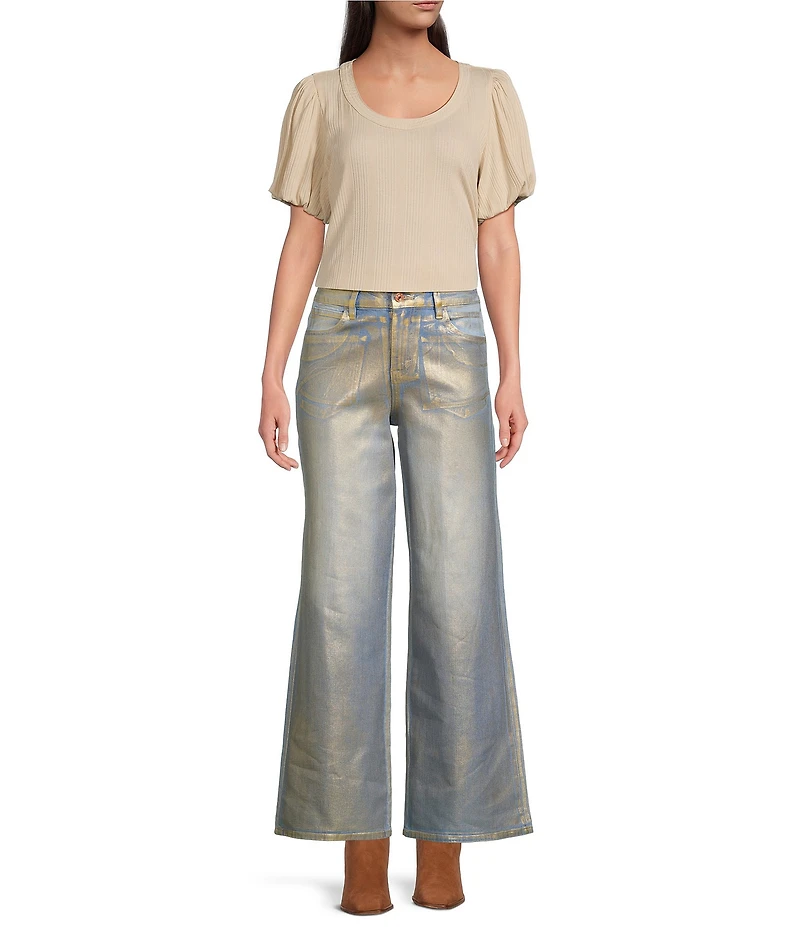 Bayeas Gold Coated Stretch Denim Mid Rise Wide Leg Ankle Length Jeans