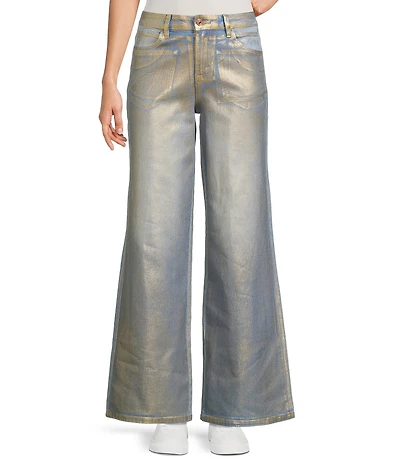 Bayeas Gold Coated Stretch Denim Mid Rise Wide Leg Ankle Length Jeans