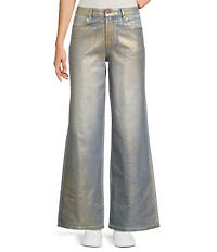 Bayeas Gold Coated Stretch Denim Mid Rise Wide Leg Ankle Length Jeans