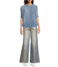 Bayeas Gold Coated Stretch Denim Mid Rise Wide Leg Ankle Length Jeans