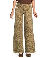 Bayeas Leopard Print Stretch Denim Mid Rise Straight Leg Jeans