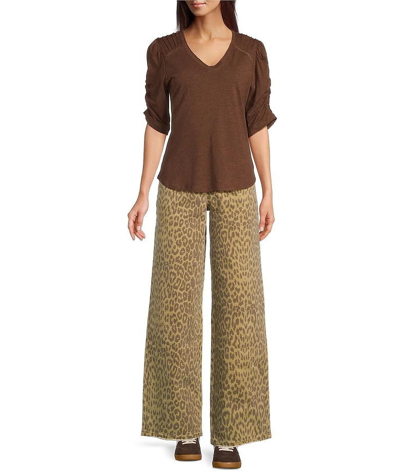 Bayeas Leopard Print Stretch Denim Mid Rise Straight Leg Jeans