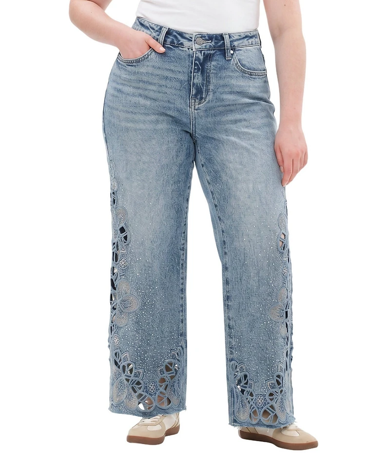 Bayeas Plus Size Denim Flower Laser Cut Mesh Rhinestone Detail Wide Leg Jeans