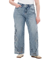 Bayeas Plus Size Denim Flower Laser Cut Mesh Rhinestone Detail Wide Leg Jeans