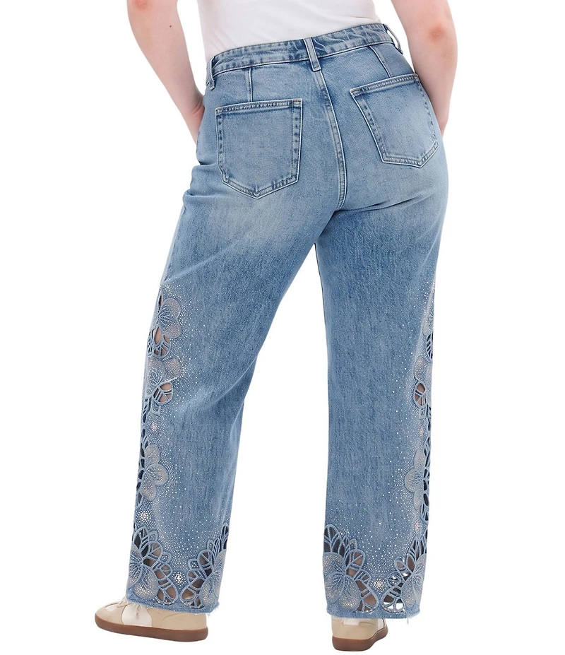 Bayeas Plus Size Denim Flower Laser Cut Mesh Rhinestone Detail Wide Leg Jeans