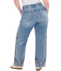 Bayeas Plus Size Denim Flower Laser Cut Mesh Rhinestone Detail Wide Leg Jeans